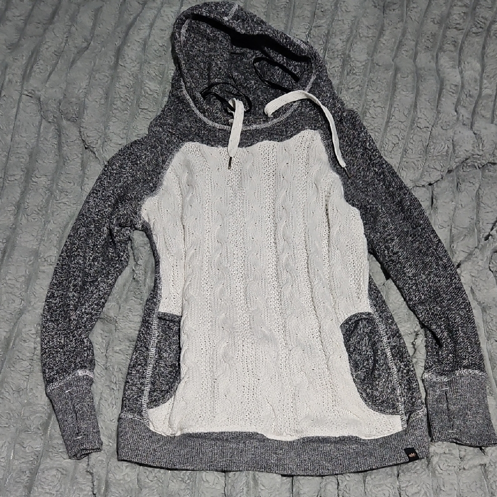 Gray and White Cable Knit Hoodie